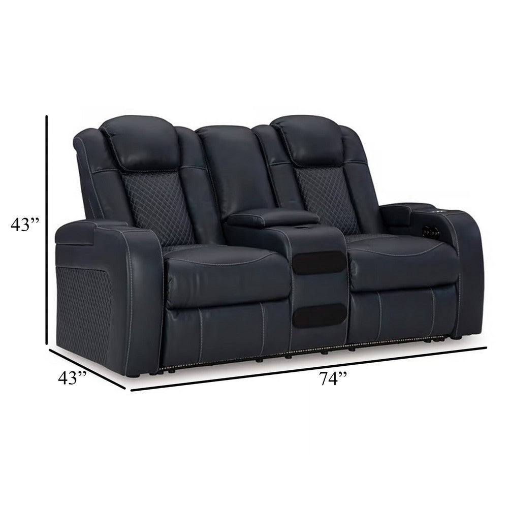 Ashley Fynne LED Power Reclining Loveseat Sapphire Blue Faux Leather 74 Inch BM331821