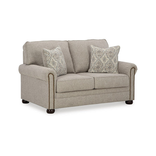 Ashley Gael Loveseat, Gray Beige Polyester, Dark Brown Nailhead Trim 64 Inch