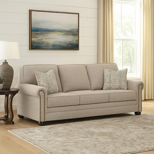 Ashley Gael Sofa, Gray Beige Polyester, Dark Brown Nailhead Trim 87 Inch