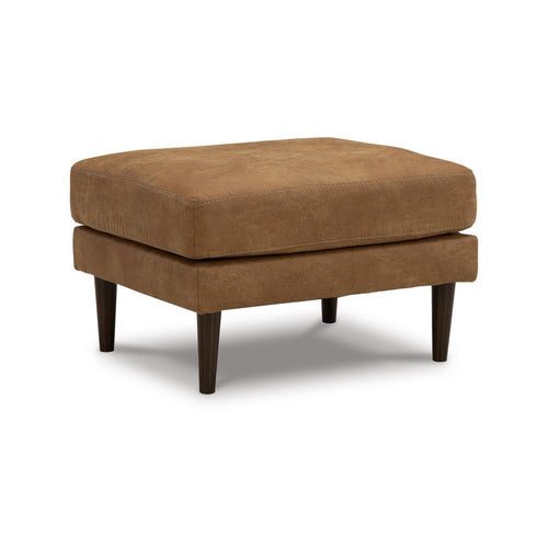 Ashley Tely Ottoman, Caramel Brown Faux Leather, Tapered Black Legs, 30 Inch