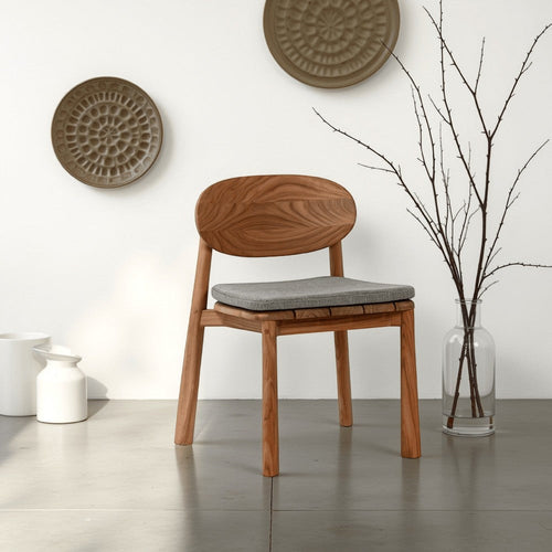Loir Outdoor Dining Chair with Gray Fabric Seat, Natural Teak Wood