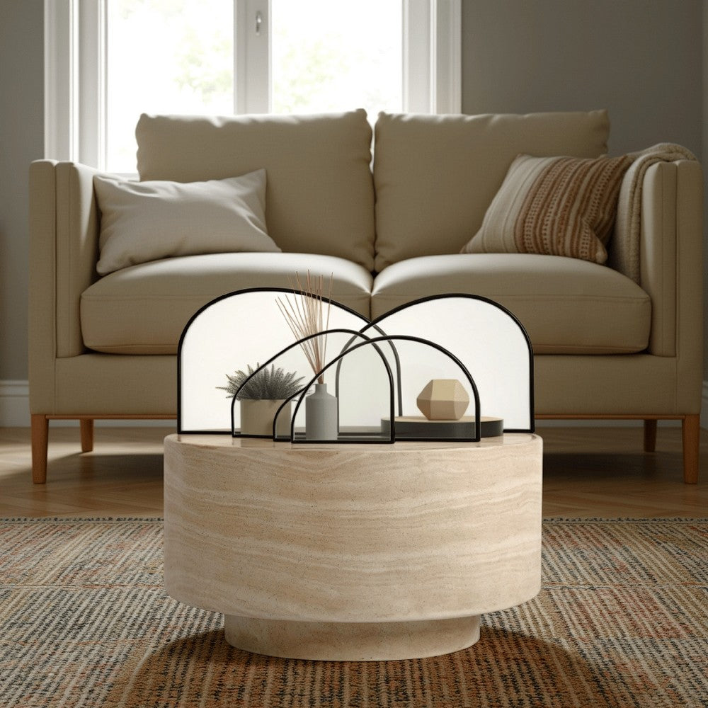 Kiva Outdoor Coffee Table, Plinth Style Base, Beige Concrete 31 Inch