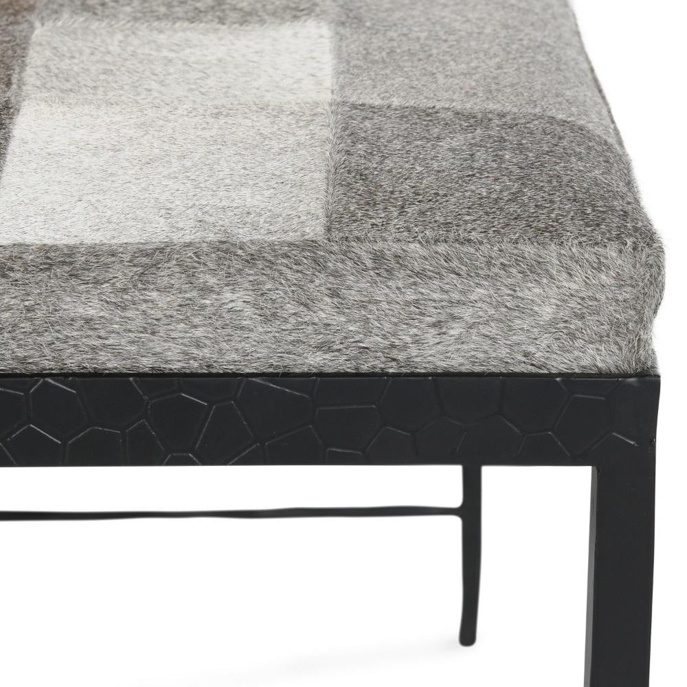 Leif Ottoman Bench with Gray Patchwork Leather Hide Iron 28 Inch