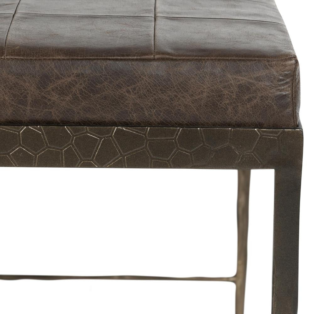 Jora Ottoman Bench Patchwork Cocoa Brown Leather Bronze Iron 28 Inch