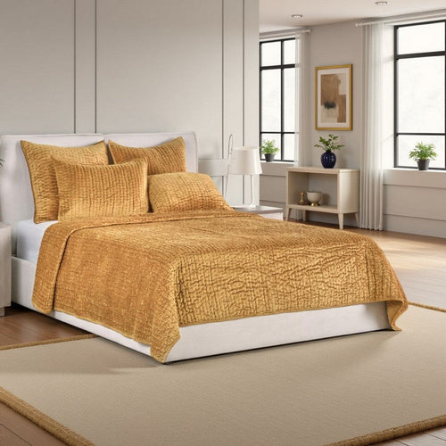 Romie King Kantha Quilt, Hand-Stitched Honey Gold Rayon Velvet, Cotton