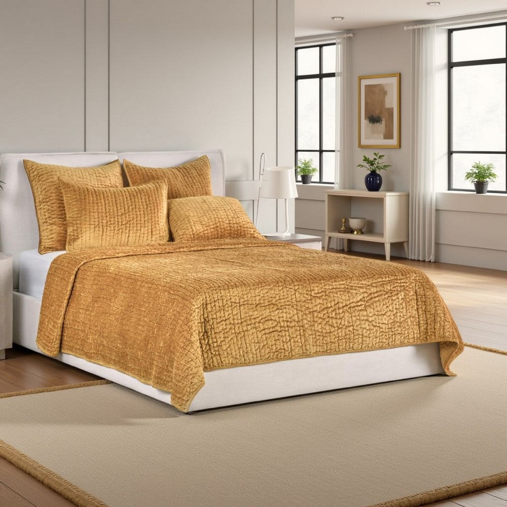 Romie King Kantha Quilt, Hand-Stitched Honey Gold Rayon Velvet, Cotton