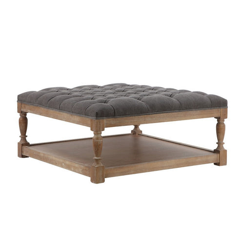 Xena Coffee Table, 36 Inch Tufted Frost Gray Upholstery, Solid Wood