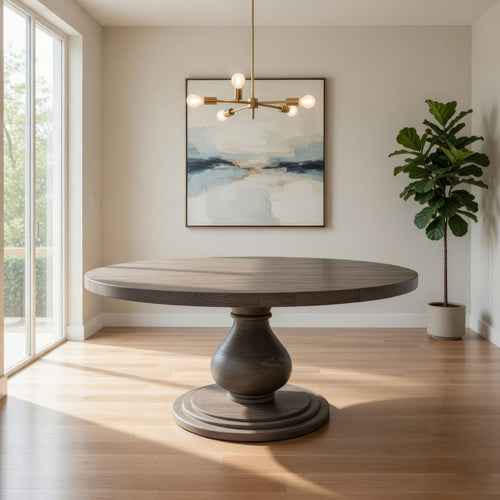 Ian Dining Table, Brown Solid Pine Wood, Pedestal Base, Round 63 Inch