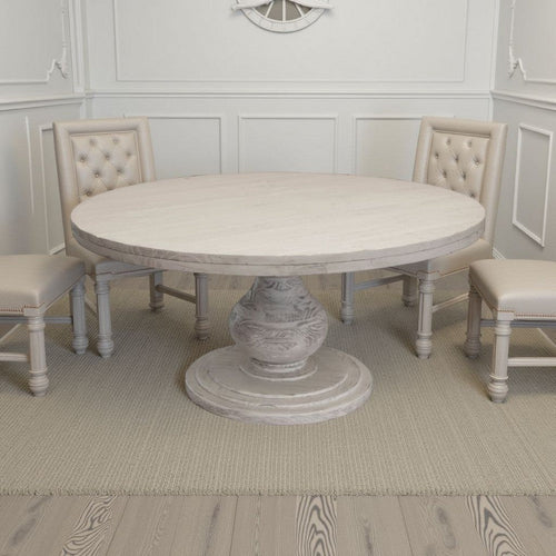 Ian Dining Table, Ivory Solid Pine Wood, Pedestal Base, Round 63 Inch