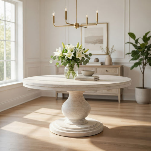 Ian Dining Table, Ivory Solid Pine Wood, Pedestal Base, Round 63 Inch