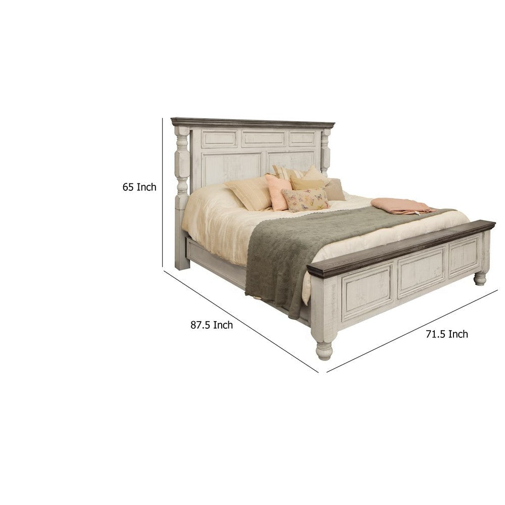 Sim Queen Size Bed Antique White and Weathered Gray Solid Pine Wood