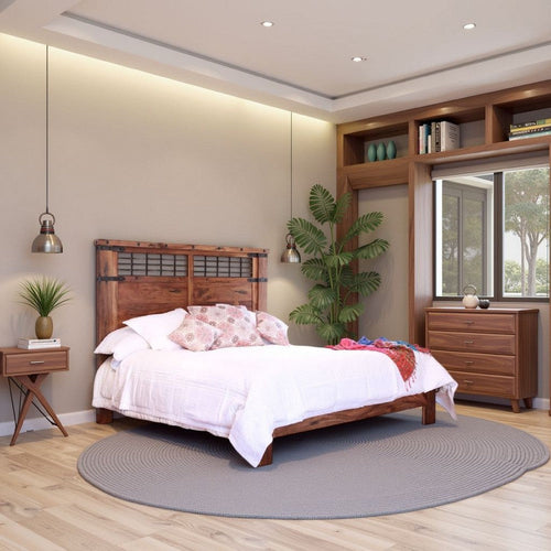 Umey Queen Size Bed, Cinnamon Brown Parota, Mango Wood, Iron Accents