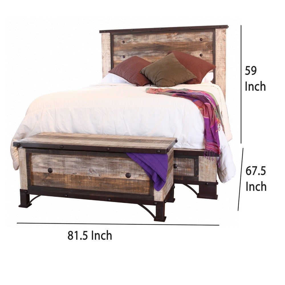 Fena Queen Bed Iron Nailhead Details and Multicolor Solid Pine Wood