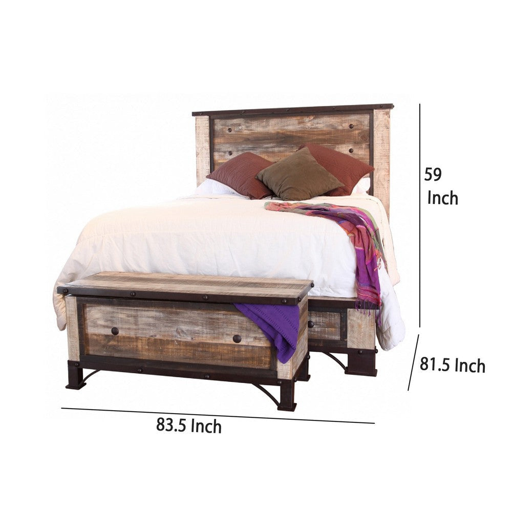 Fena King Size Bed Iron Nailhead Details Multicolor Solid Pine Wood