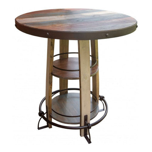 Fena Bar Height Bistro Table, Barrel Top, 2 Shelves, Brown Wood Metal