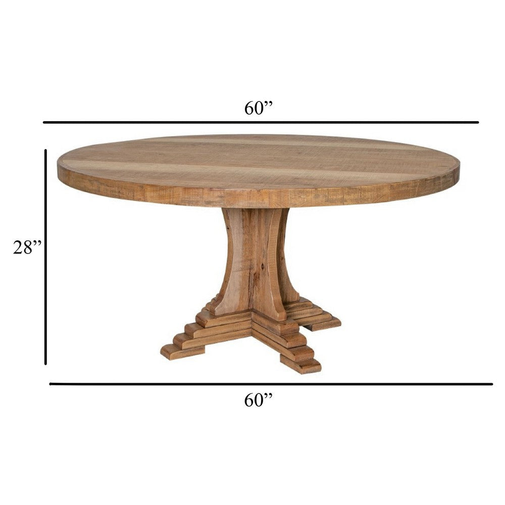 Ebb Dining Table 60 Inch Round Top Trestle Base Brown Pine Wood BM332083