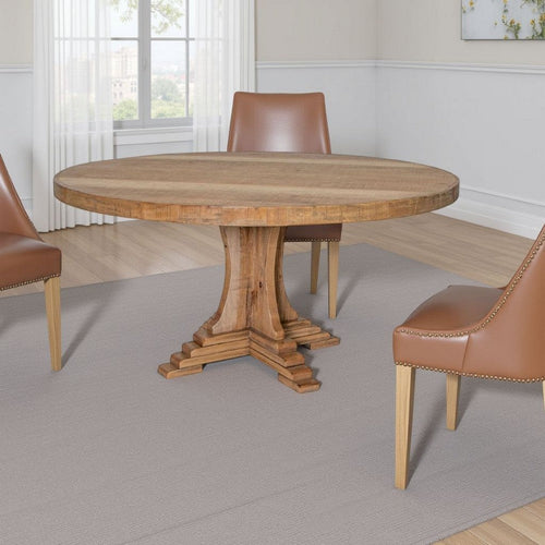 Ebb Dining Table, 60 Inch Round Top, Trestle Base, Brown Pine Wood