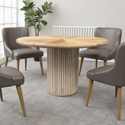 Izya Dining Table, 54 Inch Round Top w Ribbed Base, Brown Pine Wood