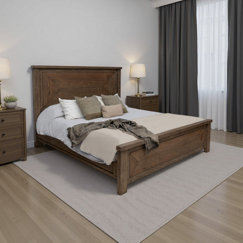 Loe Queen Size Bed, Tall Panel Headboard, Walnut Brown Poplar Wood