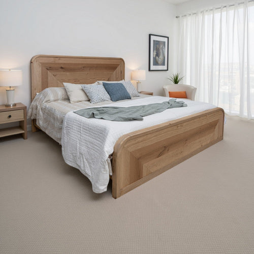 Rosy Queen Size Bed, Round Edge Headboard, Hazelnut Brown Pine Wood