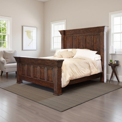 Siya King Bed with Classic Panel Headboard, Brown Solid Pine Wood