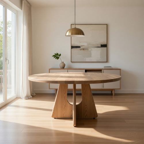 Umey Dining Table, 59 Inch Round Top w Cross Base, Brown Mango Wood