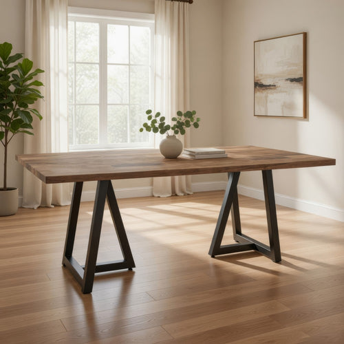 Umey Dining Table, 79 Inch Brown Parota Wood Top, Black Iron Base