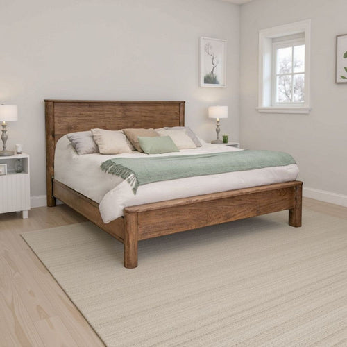 Olum Queen Size Platform Bed, Panel Headboard, Towny Brown Mango Wood