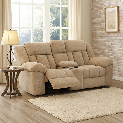 Ashley Kendy Power Reclining Loveseat, Console, Beige Brown Polyester 80 Inch