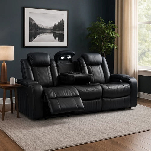 Ashley Aven Power Recliner Sofa, LED, Midnight Blue Faux Leather, 86 Inch