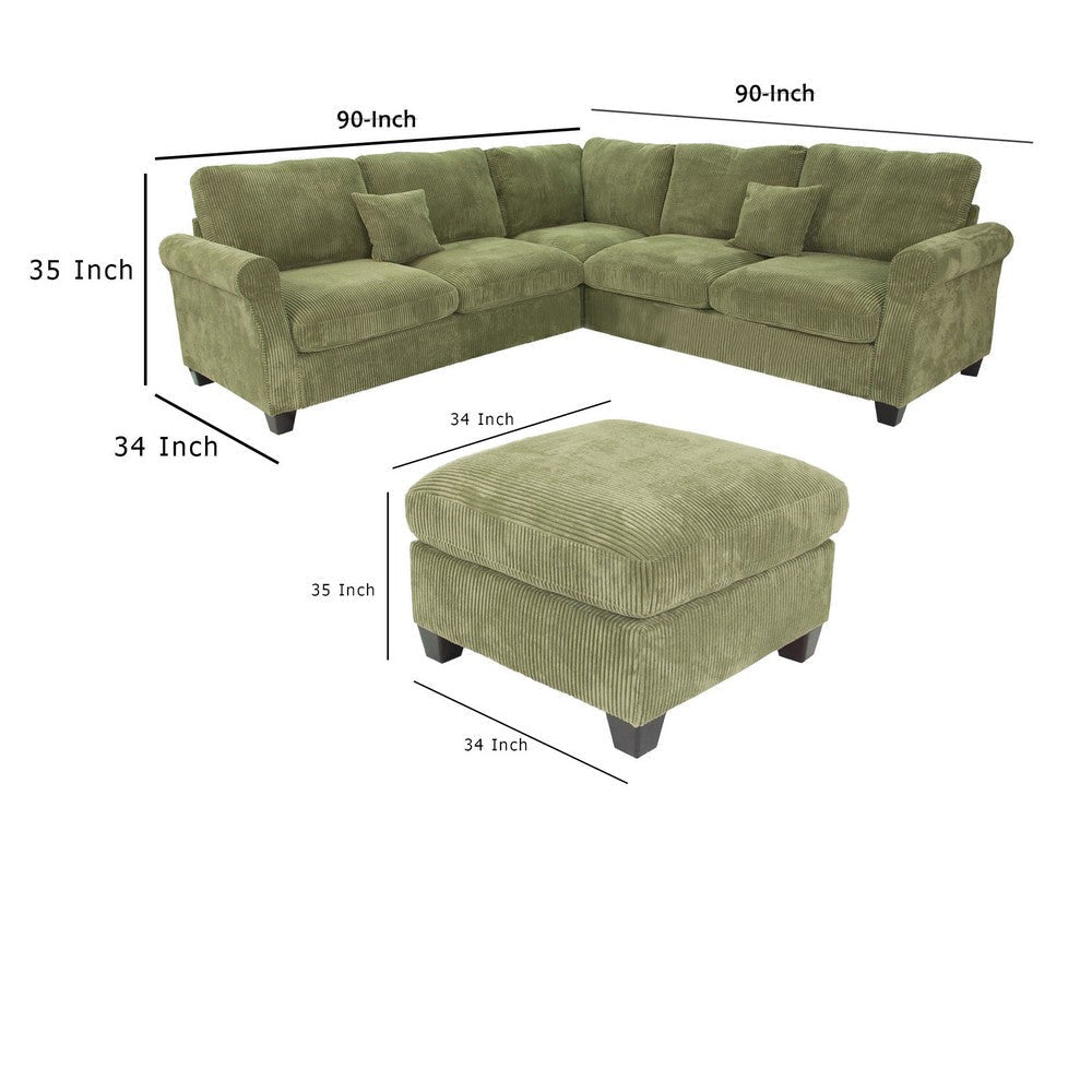 Fero 4pc L Sectional Sofa Wedge n Ottoman Set Sage Green Corduroy BM332360