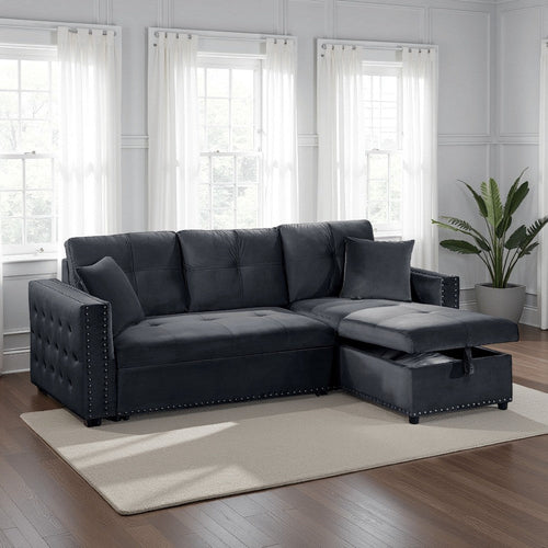 Ero Convertible Sectional Sofa, Storage Chaise, 2 Pillows Black Velvet