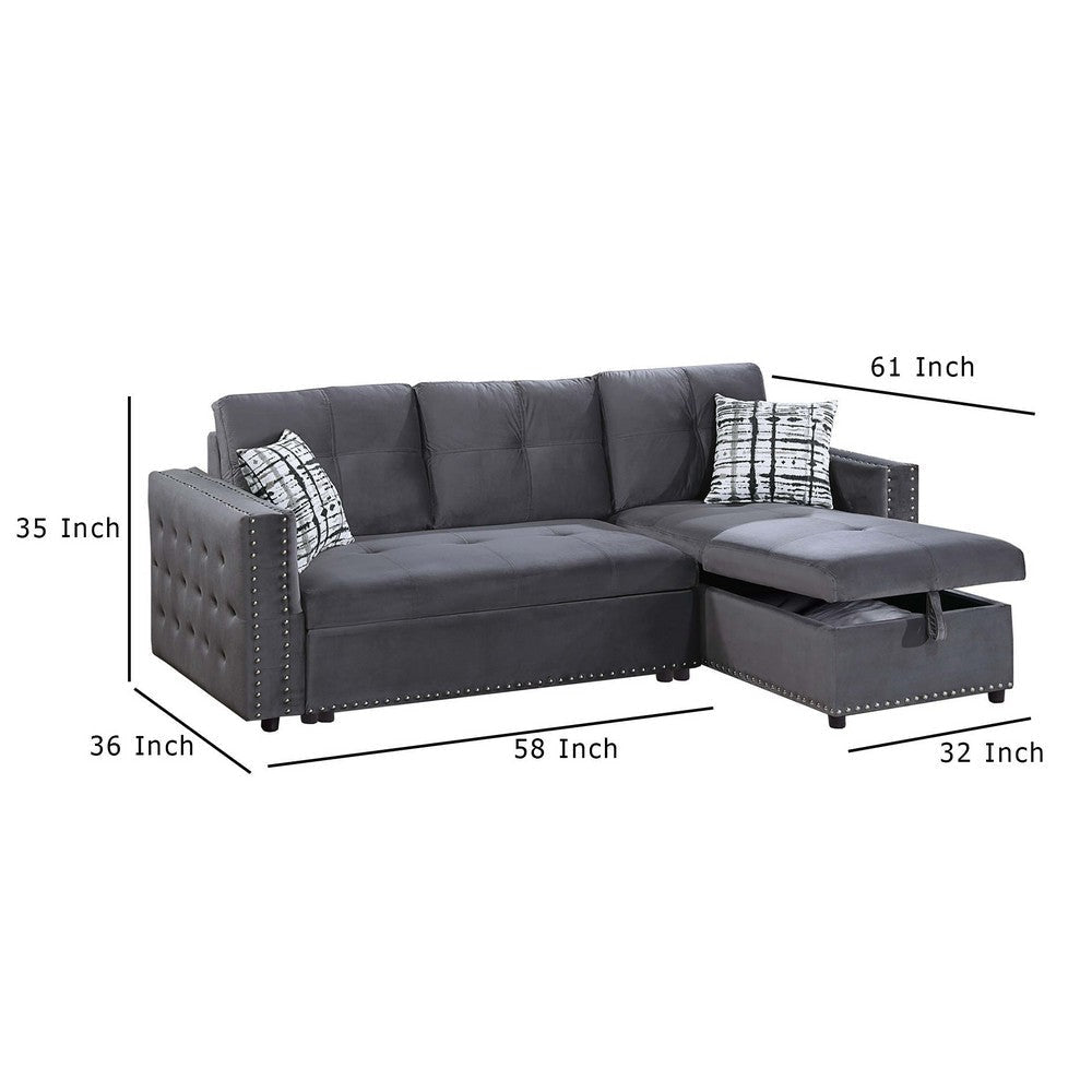 Ero Convertible Sectional Sofa Storage Chaise 2 Pillows Gray Velvet BM332366