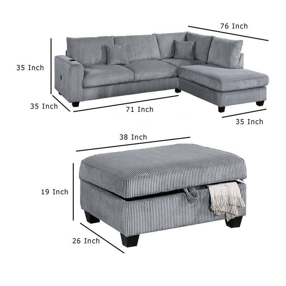 Roe 3pc Sectional Sofa Set w Chaise Ottoman 2 Pillows Fog Gray BM332369