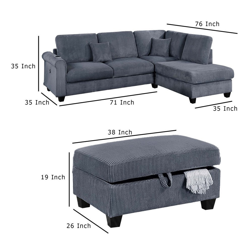Roe 3pc Sectional Sofa Set with Chaise Ottoman 2 Pillows Dark Gray BM332371