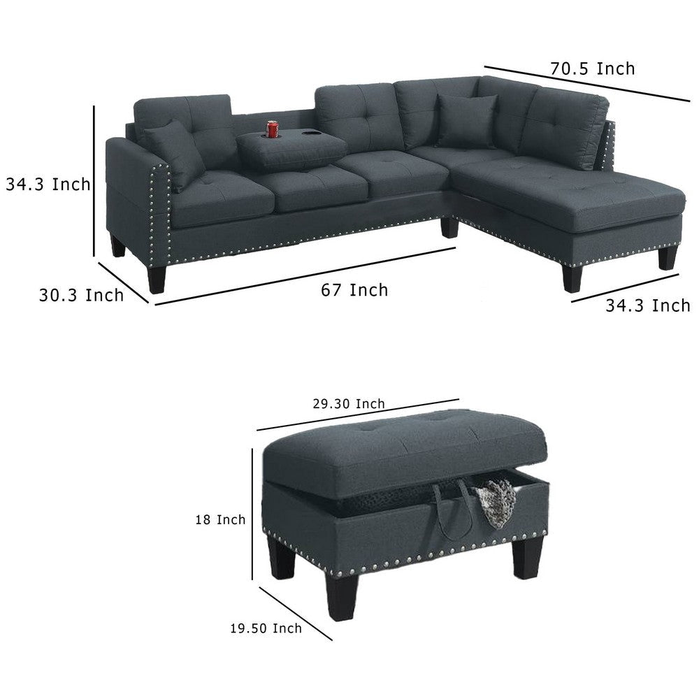 Rema 3pc Sectional Sofa Chaise Ottoman 2 Pillows Dark Gray Linen BM332377