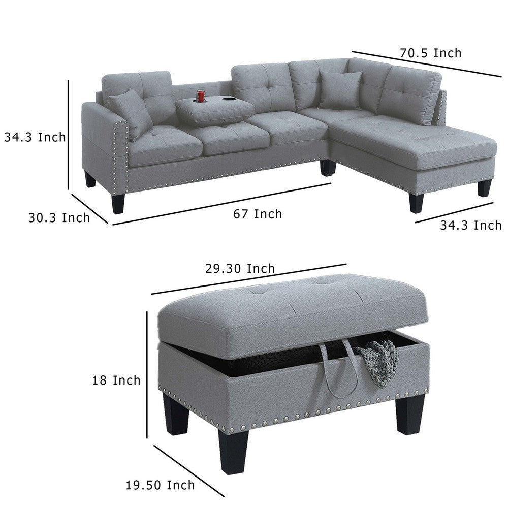 Rema 3pc Sectional Sofa Chaise Ottoman 2 Pillows Light Gray Linen BM332378
