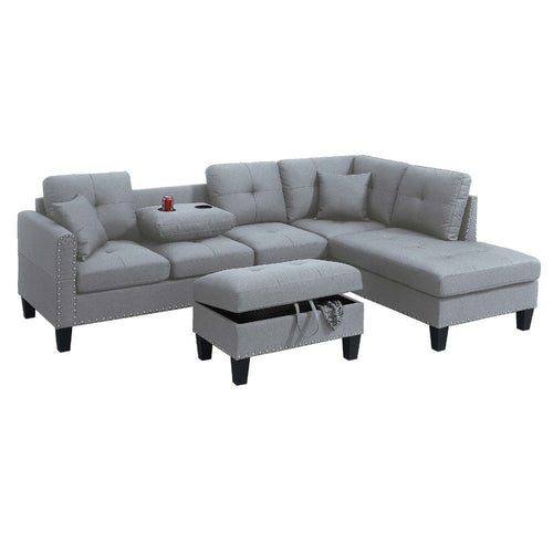 Rema 3pc Sectional Sofa, Chaise, Ottoman, 2 Pillows, Light Gray Linen