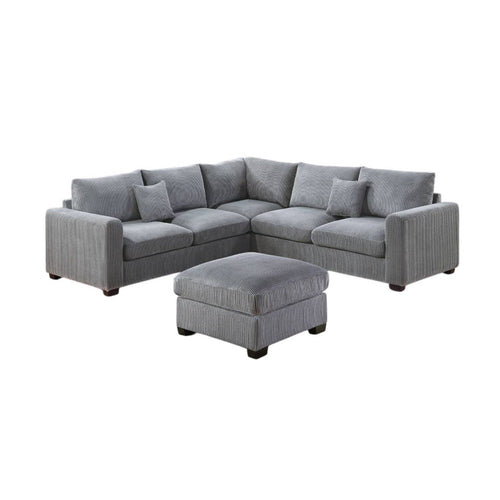 Rey 4pc L Sectional Sofa Set, 2 Accent Pillows, Gray Corduroy Fabric