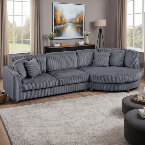 Zeo 2pc Oversize Sectional Sofa and Chaise, 4 Pillows, Gray Corduroy