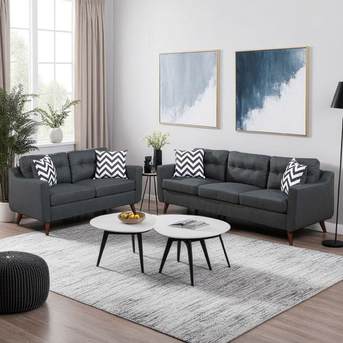 Roli 2pc Sofa and Loveseat Set, 4 Throw Pillows, Soft Black Polyfiber