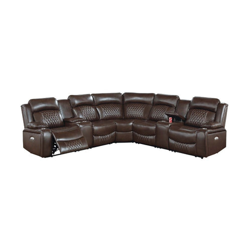 Ina Power Sectional Recliner L Shape Sofa, Console, Brown Faux Leather