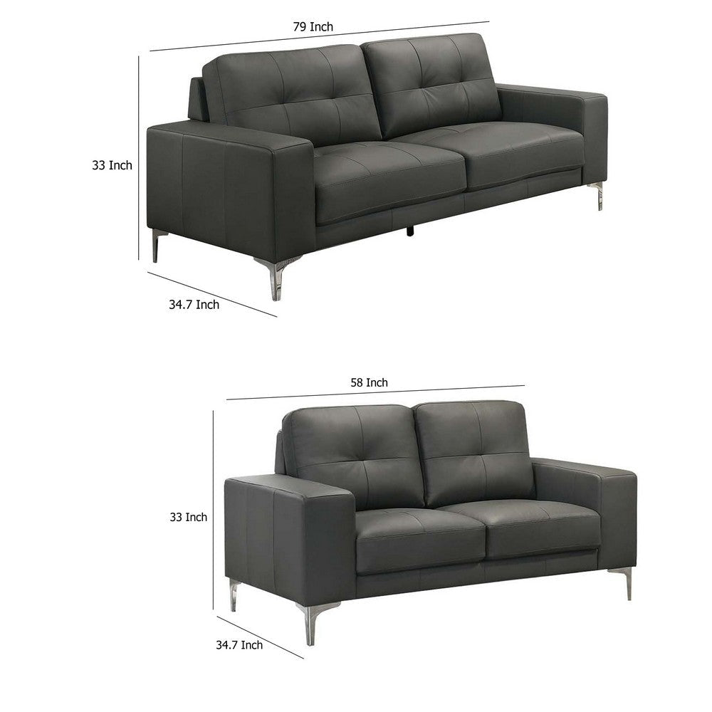 Moa 2pc Loveseat n Sofa Set Chrome Legs Anthracite Gray Full Leather BM332412