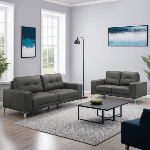 Moa 2pc Loveseat n Sofa Set, Chrome Legs, Anthracite Gray Full Leather