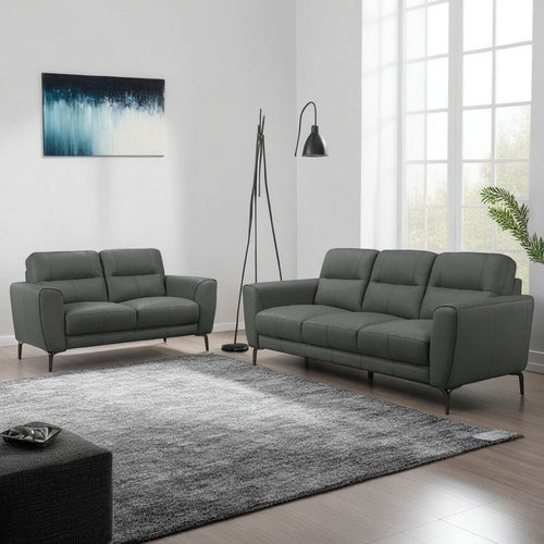 Hena 2pc Sofa and Loveseat Set, Black, Anthracite Gray Full Leather