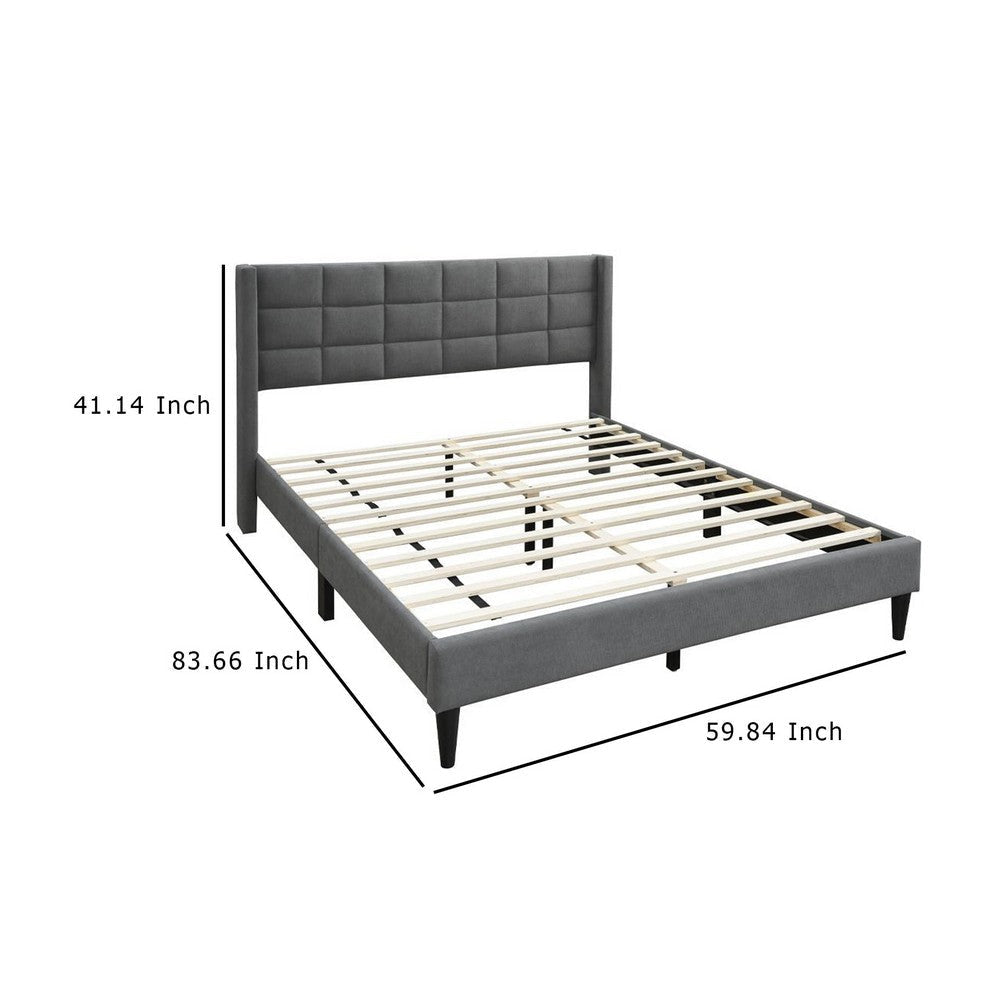 Meno Queen Size Bed Square Stitched Slate Gray Linen Upholstery