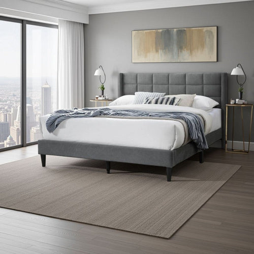 Meno Queen Size Bed, Square Stitched Slate Gray Linen Upholstery