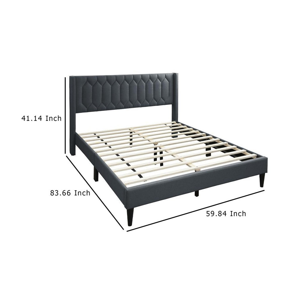 Jeo Queen Size Bed Geometric Stitched Charcoal Gray Burlap Upholstery