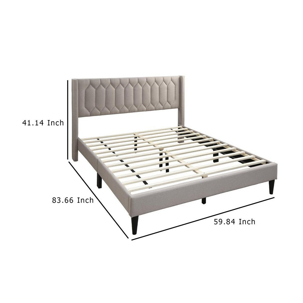 Jeo Queen Size Bed Geometric Stitched Light Brown Burlap Upholstery