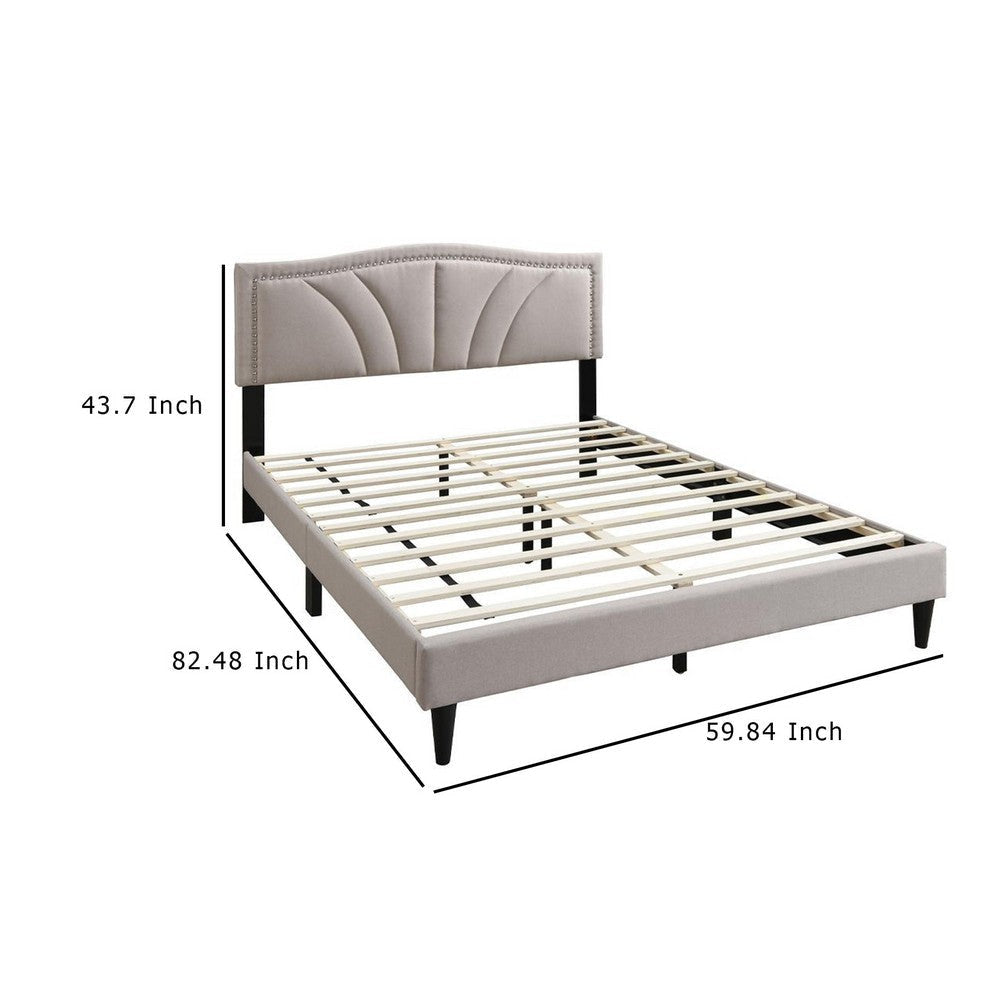 Reo Queen Size Bed Light Brown Burlap Upholstered Curved Headboard